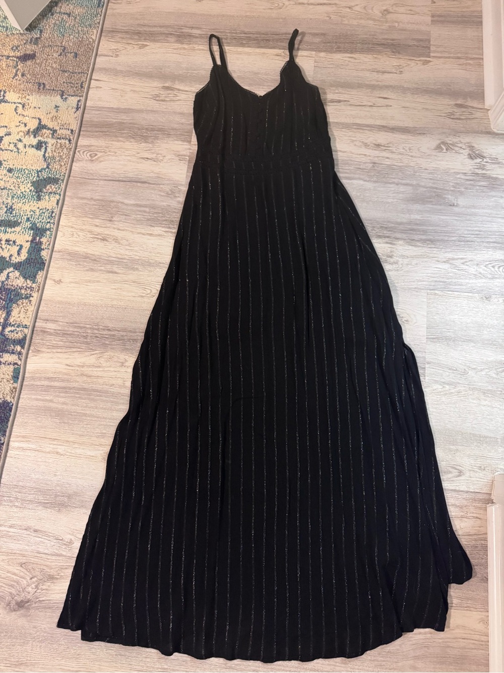 Idyllwind Black Maxi Slip Dress with Metallic Pinstripes
